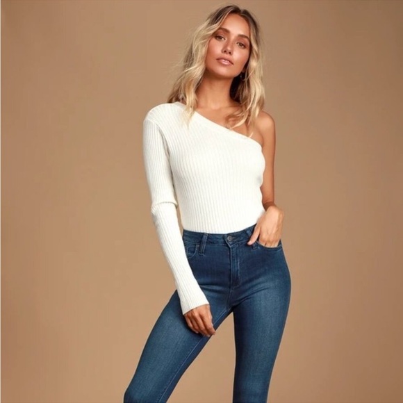 One-Shoulder White Ribbed Top - Picture 1 of 5